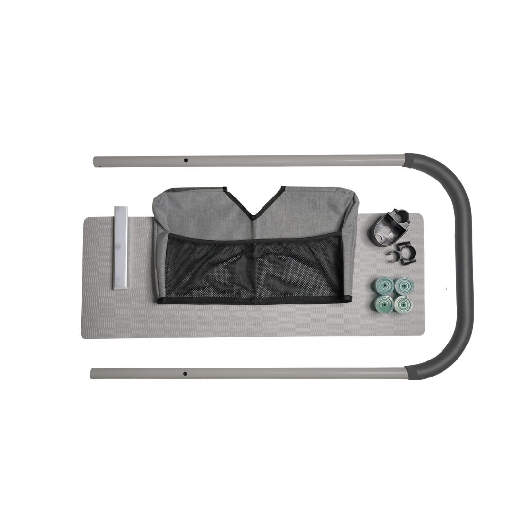 The Step2bed Deluxe Bedside Step-Up Platform with Accessory Kit includes a gray mat, mesh carry bag, gray metal bar, resistance bands, wrist or ankle weights, and two gray frame segments—perfect for safe bedside exercise and enhanced balance.
